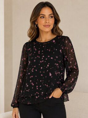 Apt. 9 Women’s L Black Purple Petal Print Chiffon Layered Blouse – Long Sleeve